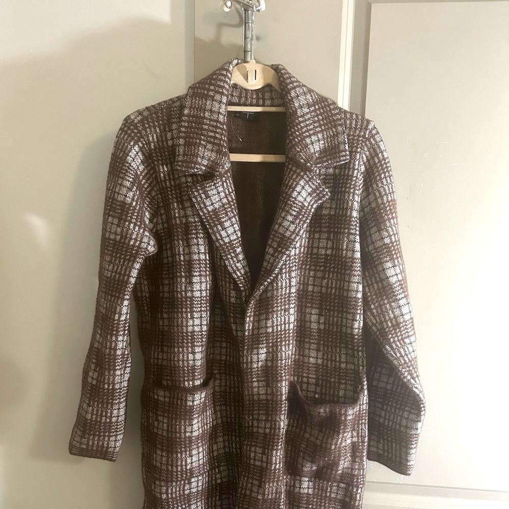 Tahari Open Front Brown Plaid Women's Knit Long Sleeved Coat Sweater Large